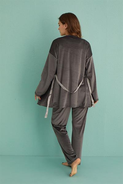 Kadife Sabahlıklı Üçlü Takım | Füme  13402