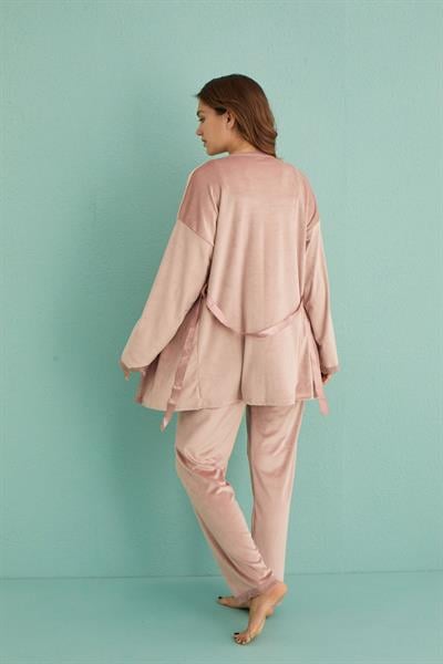 Kadife Sabahlıklı Üçlü Takım | Pudra 13402