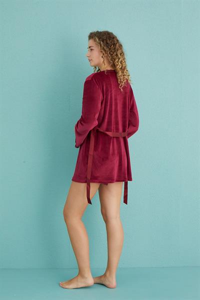 Kadife Şort Sabahlıklı Üçlü Takım | Bordo 13404-1