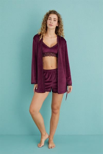 Kadife Şort Sabahlıklı Üçlü Takım | Mürdüm 13404-1