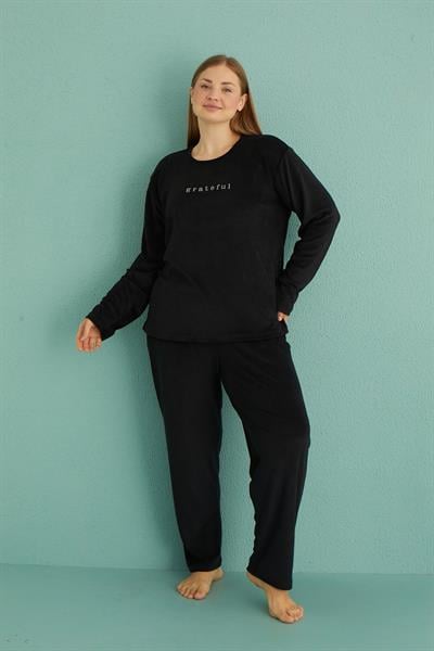 Kadın Battal Kadife Bisiklet Yaka Uzun Kollu Pijama Takımı | Siyah 13213