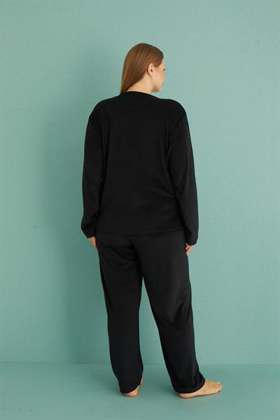 Kadın Battal Kadife Bisiklet Yaka Uzun Kollu Pijama Takımı | Siyah 13213