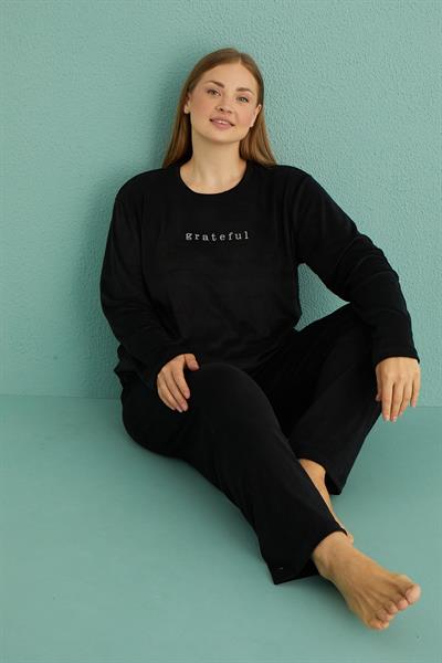 Kadın Battal Kadife Bisiklet Yaka Uzun Kollu Pijama Takımı | Siyah 13213