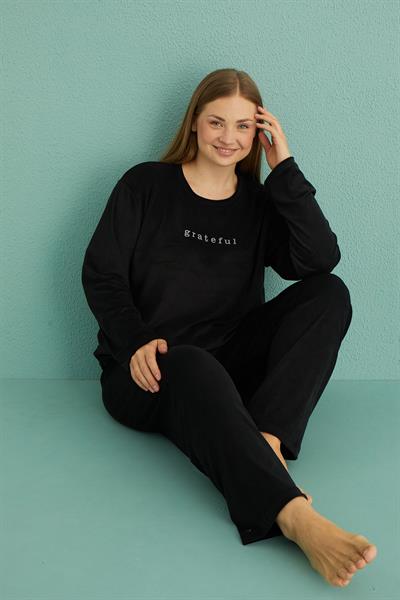 Kadın Battal Kadife Bisiklet Yaka Uzun Kollu Pijama Takımı | Siyah 13213