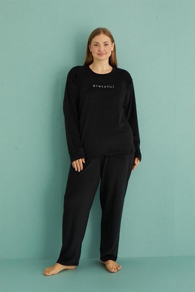 Kadın Battal Kadife Bisiklet Yaka Uzun Kollu Pijama Takımı | Siyah 13213