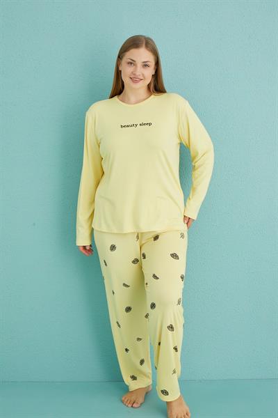Kadın Battal Milan Bisiklet Yaka Uzun Kollu Pijama Takımı | Sarı 50802-33