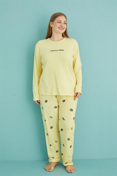 Kadın Battal Milan Bisiklet Yaka Uzun Kollu Pijama Takımı | Sarı 50802-33