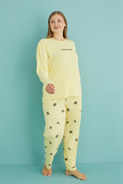 Kadın Battal Milan Bisiklet Yaka Uzun Kollu Pijama Takımı | Sarı 50802-33