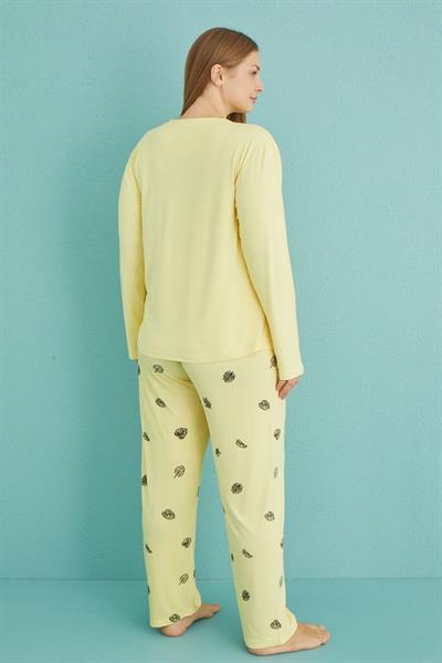 Kadın Battal Milan Bisiklet Yaka Uzun Kollu Pijama Takımı | Sarı 50802-33