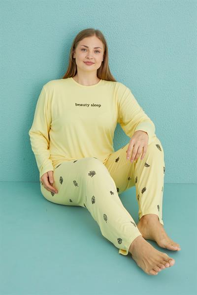 Kadın Battal Milan Bisiklet Yaka Uzun Kollu Pijama Takımı | Sarı 50802-33
