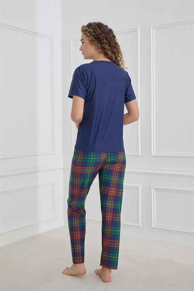 Kadın Ekose Desenli Bisiklet Yaka Pijama Takım | Lacivert 30102-1281
