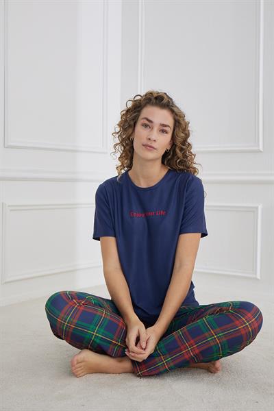 Kadın Ekose Desenli Bisiklet Yaka Pijama Takım | Lacivert 30102-1281