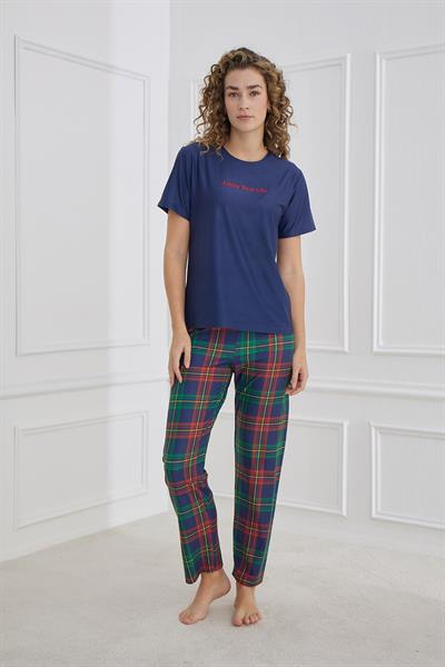 Kadın Ekose Desenli Bisiklet Yaka Pijama Takım | Lacivert 30102-1281
