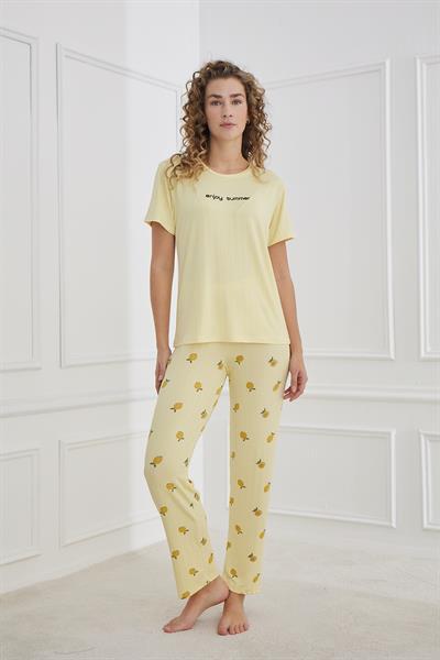Kadın Limon Desenli Bisiklet Yaka Pijama Takım | Sarı 80601-1238