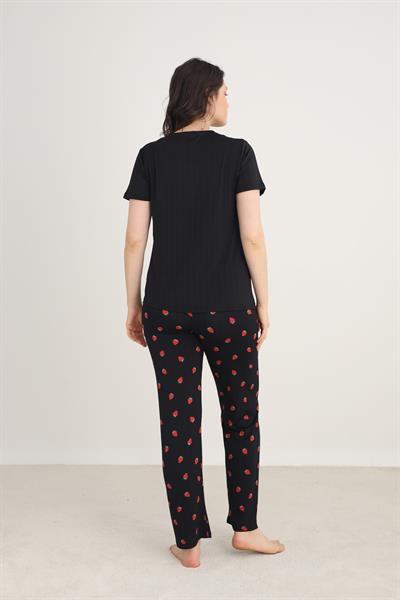 Kadın Çiçek Desenli Bisiklet Yaka Pijama Takım | Siyah 80601-1273