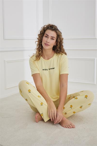 Kadın Limon Desenli Bisiklet Yaka Pijama Takım | Sarı 80601-1238