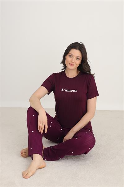 Kadın Bisiklet Yaka Pijama Takım | Mürdüm 80601-1275