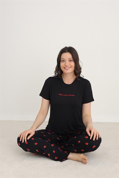 Kadın Çiçek Desenli Bisiklet Yaka Pijama Takım | Siyah 80601-1273