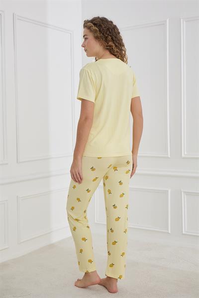 Kadın Limon Desenli Bisiklet Yaka Pijama Takım | Sarı 80601-1238