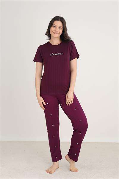 Kadın Bisiklet Yaka Pijama Takım | Mürdüm 80601-1275