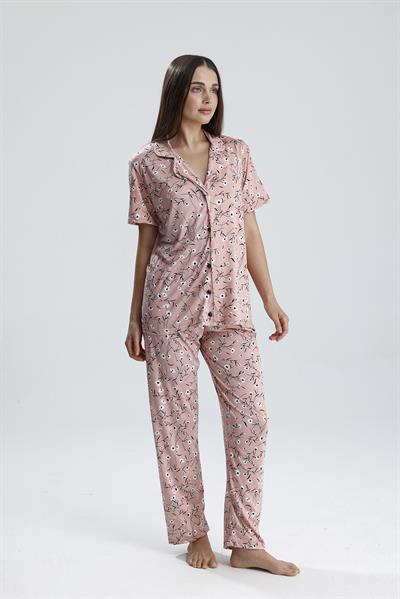 Kadın Düğmeli Floral Desen Kısa Kollu Pijama Takım | Pembe