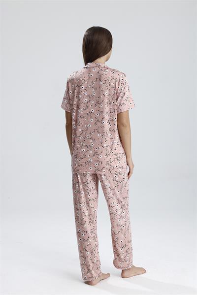 Kadın Düğmeli Floral Desen Kısa Kollu Pijama Takım | Pembe