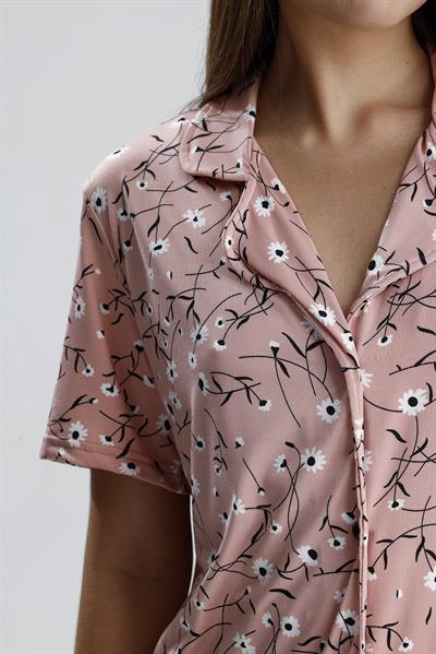Kadın Düğmeli Floral Desen Kısa Kollu Pijama Takım | Pembe