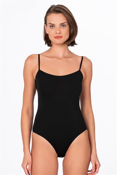 Kadın Pamuklu Likralı Süprem İnce Askılı Kancalı Çıtçıtlı Body Zıbın | Siyah K0603