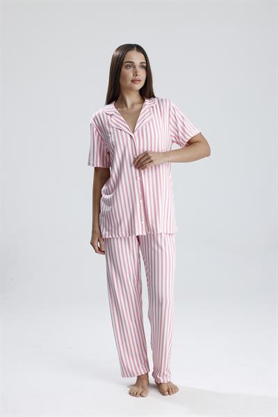 Kadın Kısa Kollu Dikey Çizgili Pijama Takım | Pembe