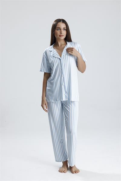Kadın Kısa Kollu Dikey Çizgili Pijama Takım | Mavi