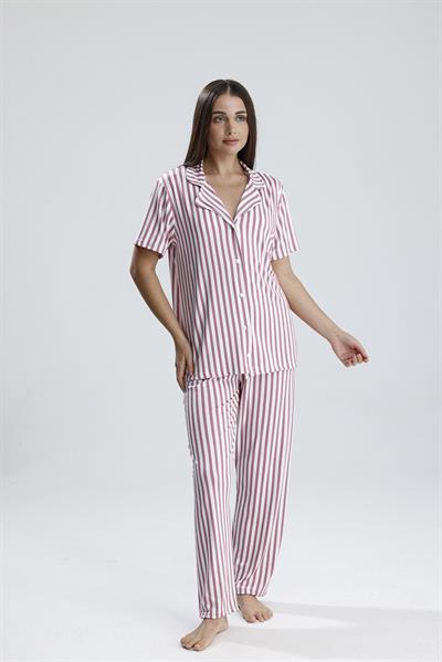 Kadın Düğmeli Dikey Çizgi Kısa Kollu  Pijama Takım | Mor 