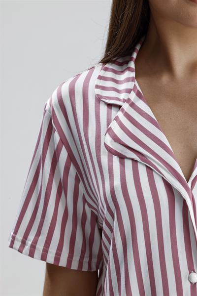 Kadın Düğmeli Dikey Çizgi Kısa Kollu  Pijama Takım | Mor 