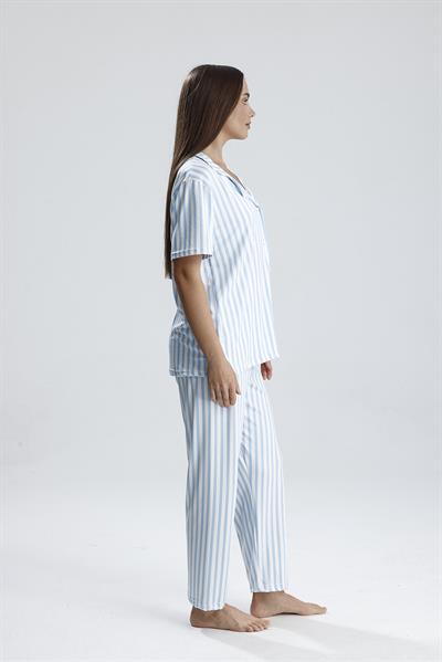 Kadın Kısa Kollu Dikey Çizgili Pijama Takım | Mavi