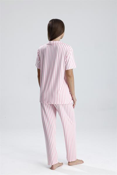 Kadın Kısa Kollu Dikey Çizgili Pijama Takım | Pembe