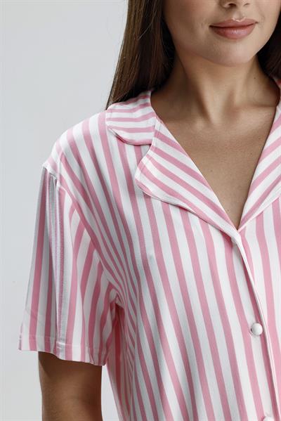 Kadın Kısa Kollu Dikey Çizgili Pijama Takım | Pembe
