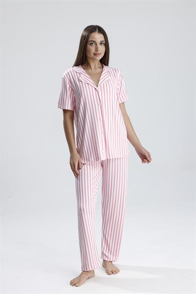 Kadın Kısa Kollu Dikey Çizgili Pijama Takım | Pembe