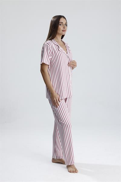 Kadın Düğmeli Dikey Çizgi Kısa Kollu  Pijama Takım | Mor 