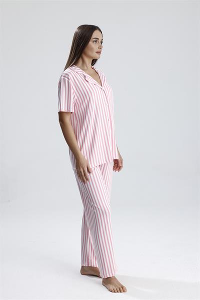 Kadın Kısa Kollu Dikey Çizgili Pijama Takım | Pembe
