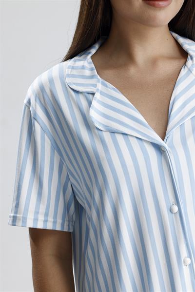 Kadın Kısa Kollu Dikey Çizgili Pijama Takım | Mavi