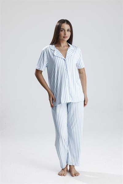 Kadın Kısa Kollu Dikey Çizgili Pijama Takım | Mavi