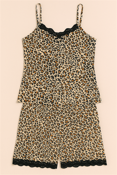 Kadın Dantel Detay Leopar Desen Şortlu Takım | P600-973