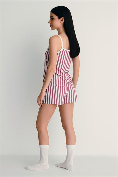 Kadın Dikey Çizgili İp Askılı Mini Şort Takım | Mor