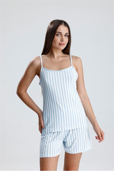 Kadın Dikey Çizgili İp Askılı Mini Şort Takım | Mavi