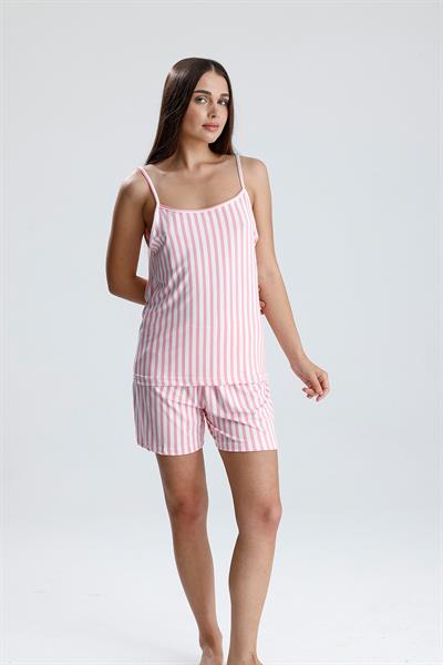 Kadın Dikey Çizgili İp Askılı Mini Şort Takım | Pembe