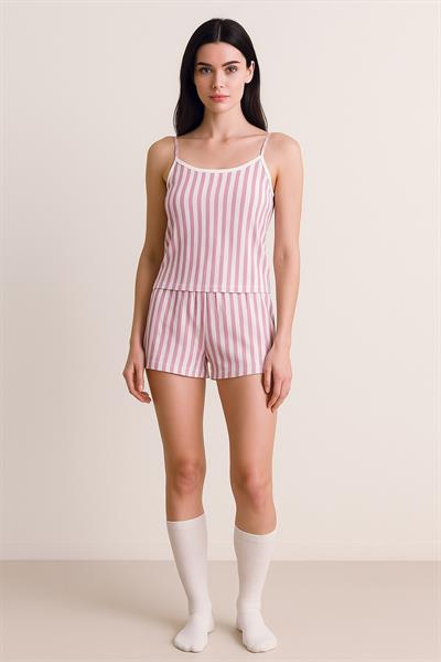 Kadın Dikey Çizgili İp Askılı Mini Şort Takım | Pembe