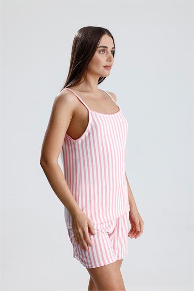 Kadın Dikey Çizgili İp Askılı Mini Şort Takım | Pembe