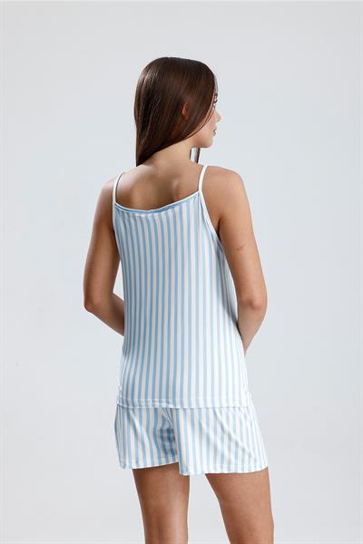 Kadın Dikey Çizgili İp Askılı Mini Şort Takım | Mavi