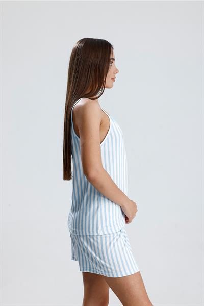 Kadın Dikey Çizgili İp Askılı Mini Şort Takım | Mavi