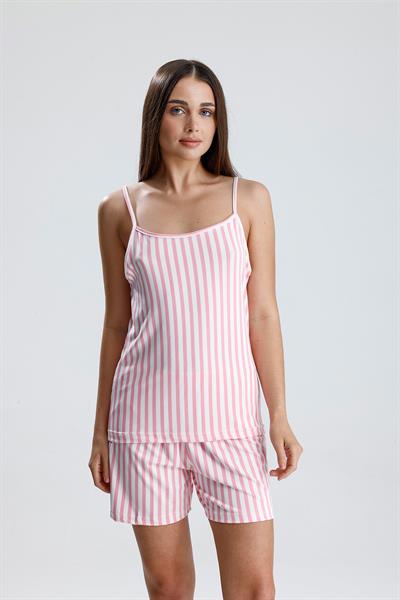 Kadın Dikey Çizgili İp Askılı Mini Şort Takım | Pembe