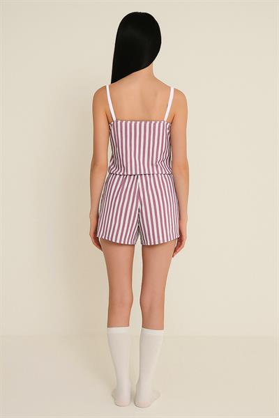 Kadın Dikey Çizgili İp Askılı Mini Şort Takım | Mor